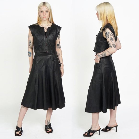 VINTAGE Real Leather Black Top Midi Skirt Set Suit - Picture 1 of 3